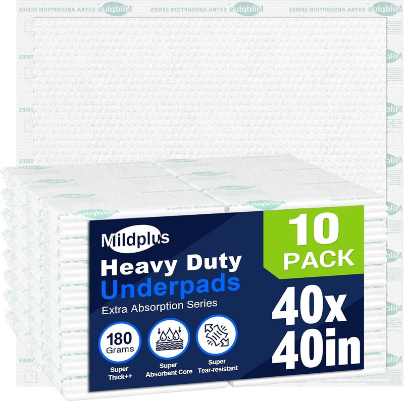 MILDPLUS Heavy Duty Underpads 40x40 Inch - 180 Gram Absorbent Disposable Bed Pads, Leakproof Waterproof Protection for Incontinence, Elderly Care, Pets & Postpartum (10 Count, Discreet Packaging) - Image 1
